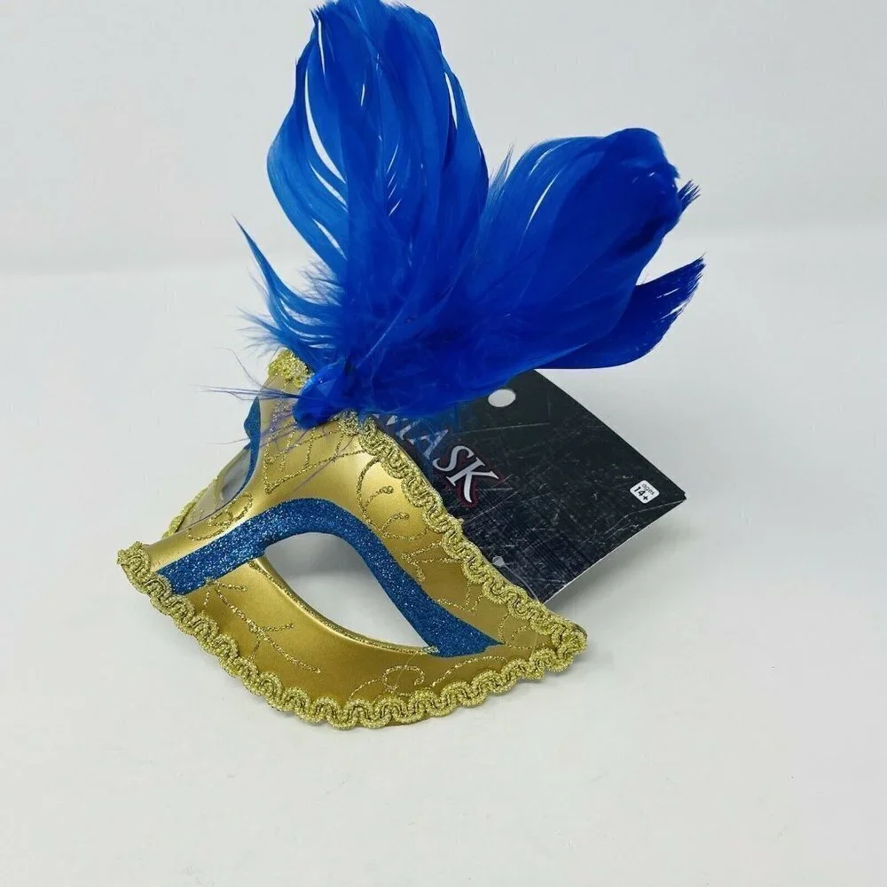 Spirit Halloween Venetian Mask Gold Blue‎ Feathers